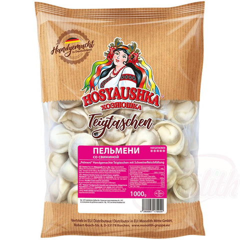 Handwerklich hergestellte Teigtaschen gefüllt mit Schweinefleisch „Pelmeni“, gefroren
