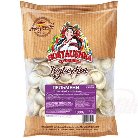 Boulettes de pâte faites à la main, farcies de viande de porc à lail (1%) "Pelmeni". Surgelés.