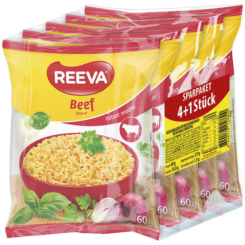 Paquet économique 4+1 gratuit "Reeva" plat de nouilles instantanées au goût de bœuf- pour une préparation rapide.