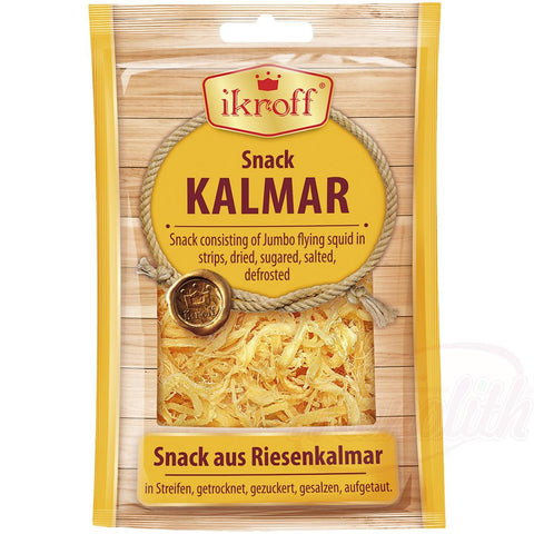Riesenkalmar (Dosidicus Gigas) Snack in Streifen, getrocknet, gesüßt, gesalzen, aufgetaut.