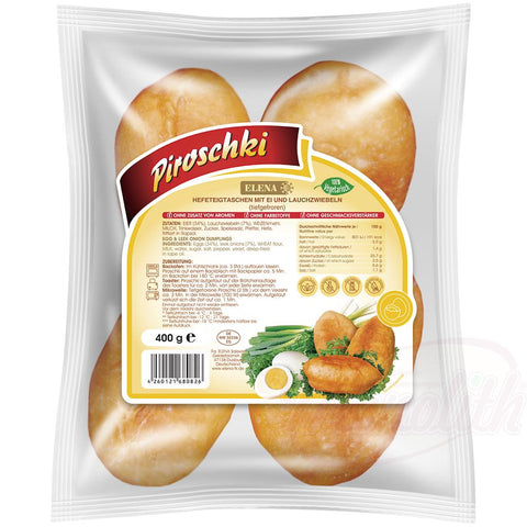 Piroshki - galettes frites à base de pâte levée, remplies d'œufs et d'oignons verts. Surgelées