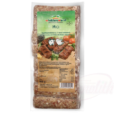 Mici - Rouleaux de viande hachée de porc et de bœuf (en partie finement hachée), avec eau potable, à griller ou à rôtir, surgelés