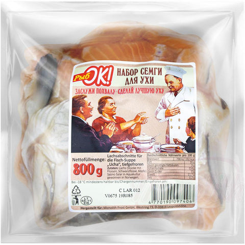 Tranches de saumon (Salmo Salar) pour la soupe de poisson "Ucha", surgelées.