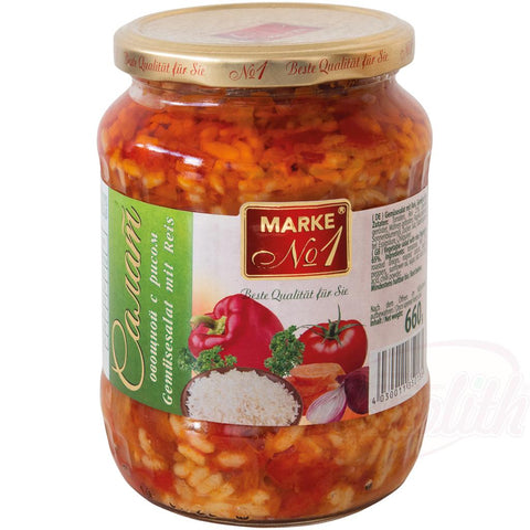 Gemüsesalat mit Reis. Gemüse 65 %.