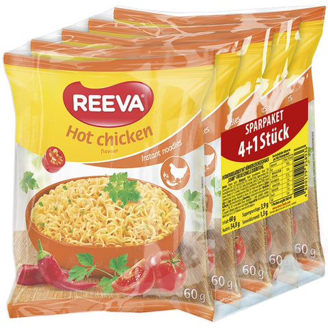 Voordeelpakket 4+1 gratis instantnoedelschotel "Reeva" met pikante kipsmaak - voor een snelle bereiding.