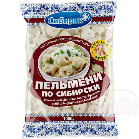 Pelmeni à la sibérienne, fabriqués à la main – chaussons farcis au bœuf (40%), surgelés.