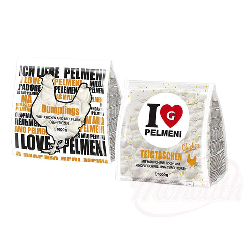 Chaussons "I Love Pelmeni Chicken" fourrés au poulet et au bœuf, surgelés