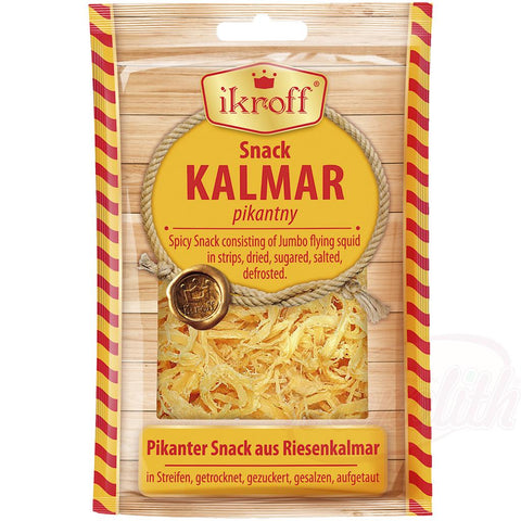 Snack piquant à base de calmar géant (Dosidicus Gigas) en lamelles, séché, sucré, salé, décongelé.