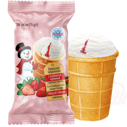 Glace à la vanille et fourrage fruité aux fraises, en gobelet gaufré