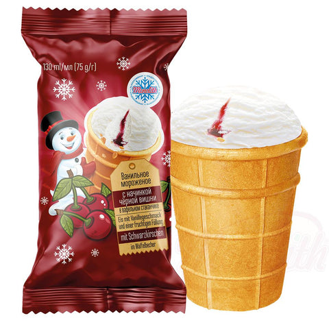 Glace parfum vanille avec garniture fruitée à la cerise noire, dans un gobelet en gaufrette