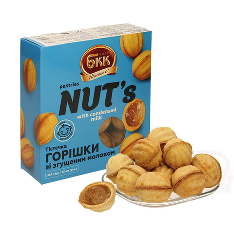 "Oreshki" dünne nussförmige Kekse gefüllt mit 52,5% gesüßtem karamellisierten Kondensmilchprodukt, gefroren