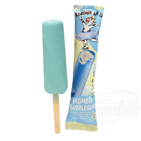 "Plombir Bubblegum" Crème glacée goût vanille en forme desquimau, glaçage bleu goût chewing-gum