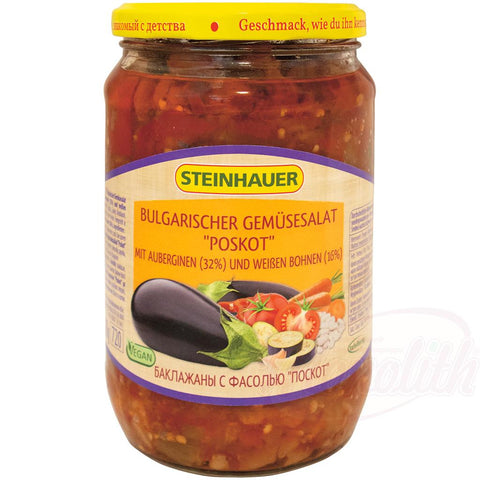 Bulgarischer Gemüsesalat „Poskot“ mit Auberginen (32%) und weißen Bohnen (16%)